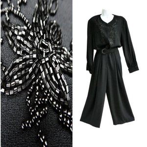 Liz Claiborne Vintage Beaded Black Jumpsuit Elegant Bead Belt Wide Leg Zip XL